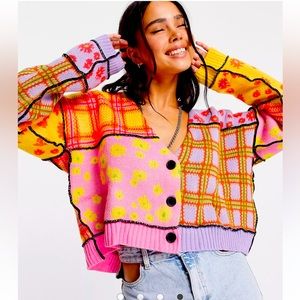 Women’s ASOS The Ragged Priest oversized cardigan in patchwork daisy check Sz XL